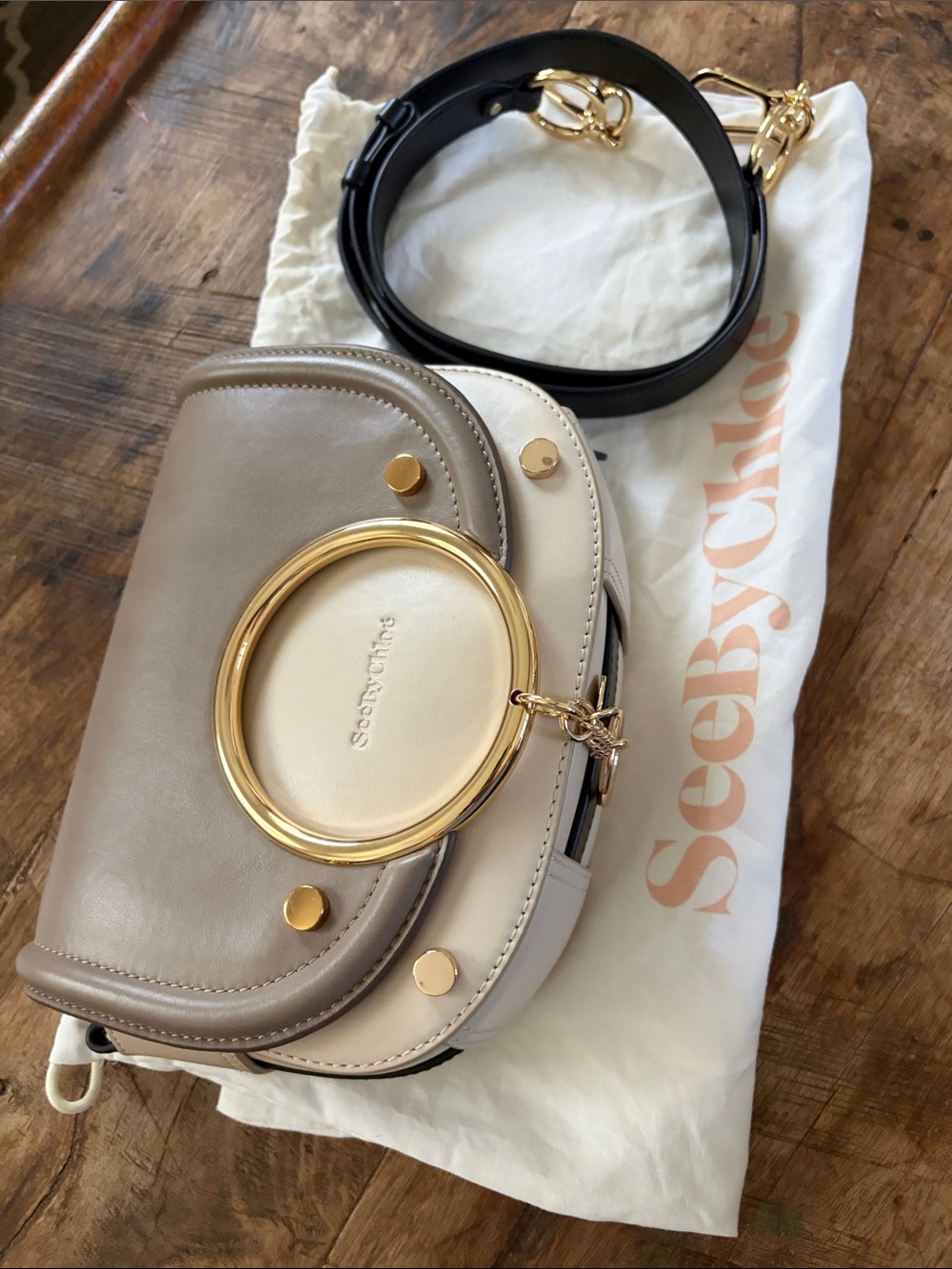 See By Chloé Two-Tone Taupe & Cream Saddle Crossbody with Gold Ring - Picture 7 of 7